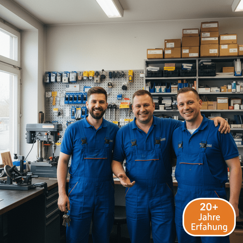 Techniker prüft einen Schließzylinder an einer Wohnungstür im Treppenhaus bei Tageslicht