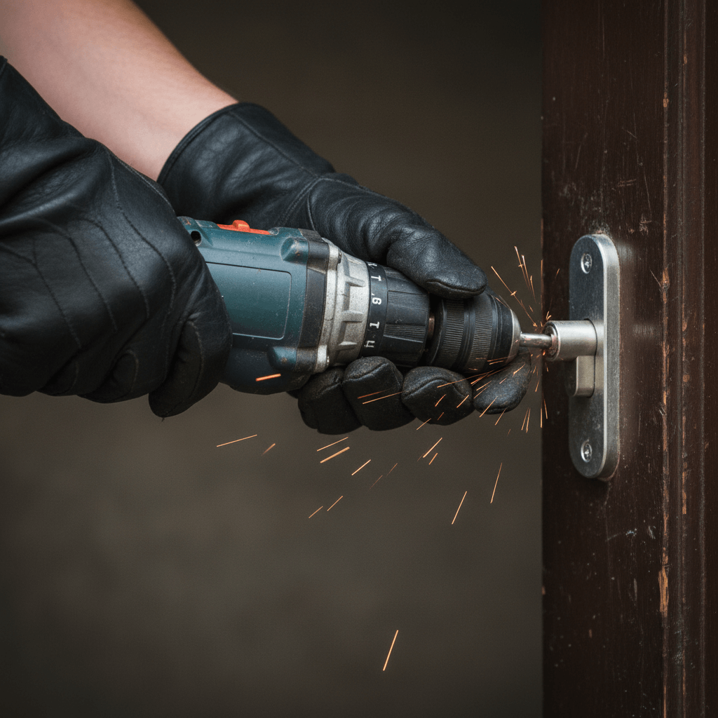 Techniker arbeitet an einer Autotür mit Öffnungswerkzeug neben einem geparkten Fahrzeug in einer Seitenstraße