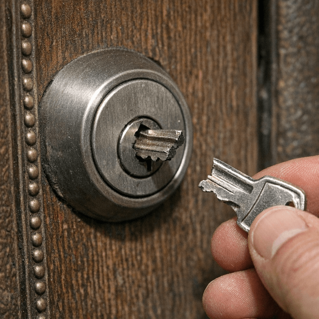 Nahaufnahme eines abgebrochenen Schlüsselteils, das im Zylinder einer Haustür steckt