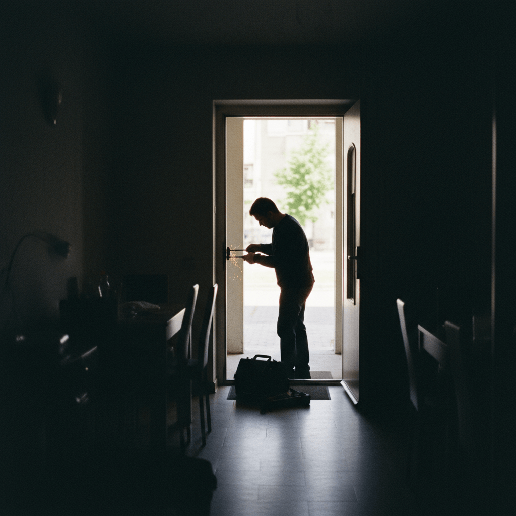 Person steht am Abend vor einer Wohnungstür und hält einen Schlüsselbund in der Hand, der nicht passt