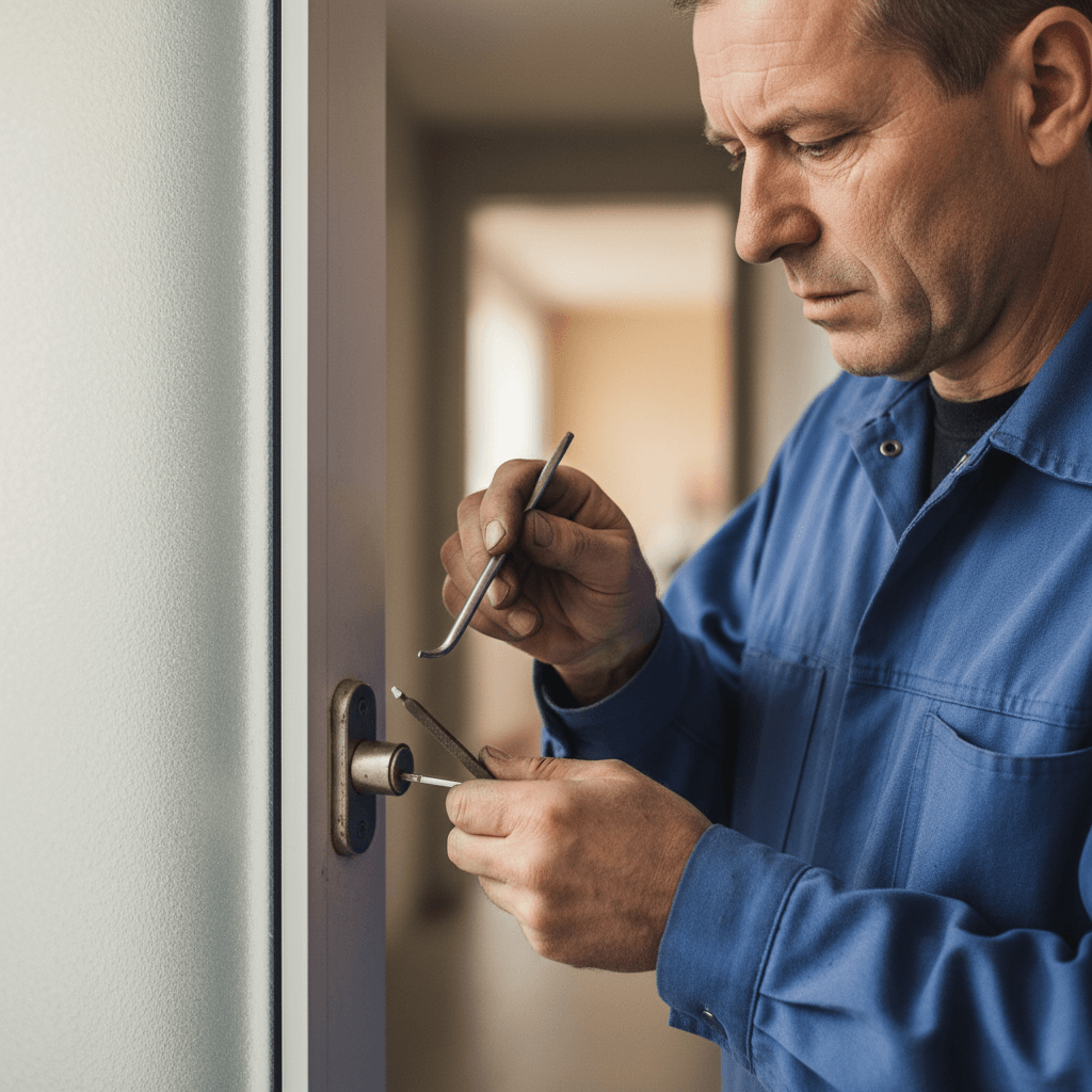 Monteur mit Werkzeugkoffer steht nachts vor einem Mehrfamilienhaus am Hauseingang